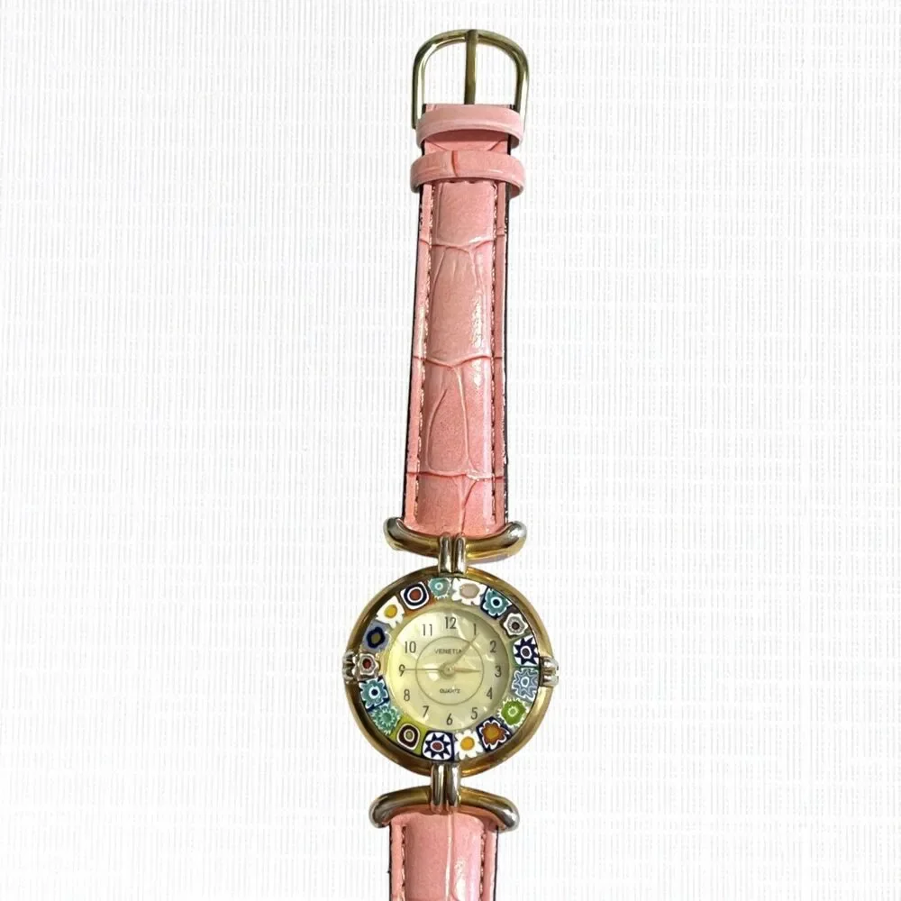 Venetiae Murano Millefiori Glass Quartz Wristwatch Womens Pink Strap Croc Style